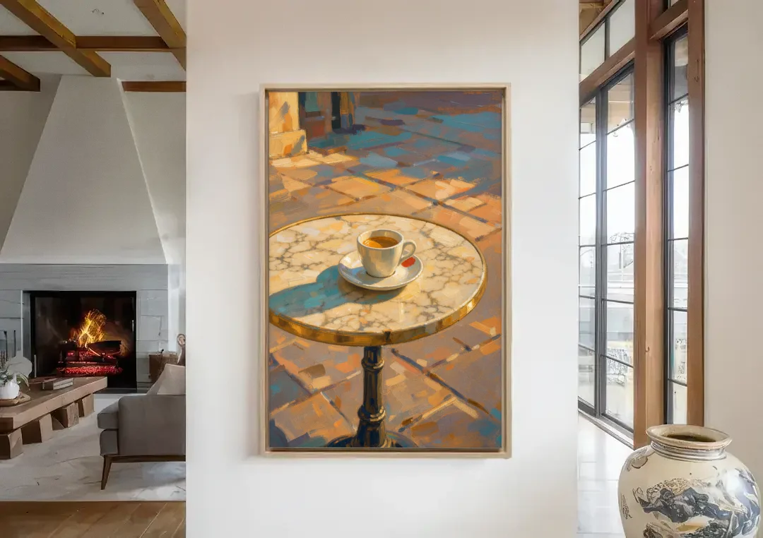 Bistro Wall Art with Espresso in Afternoon Shadow canvas wall art in a living room with a fireplace