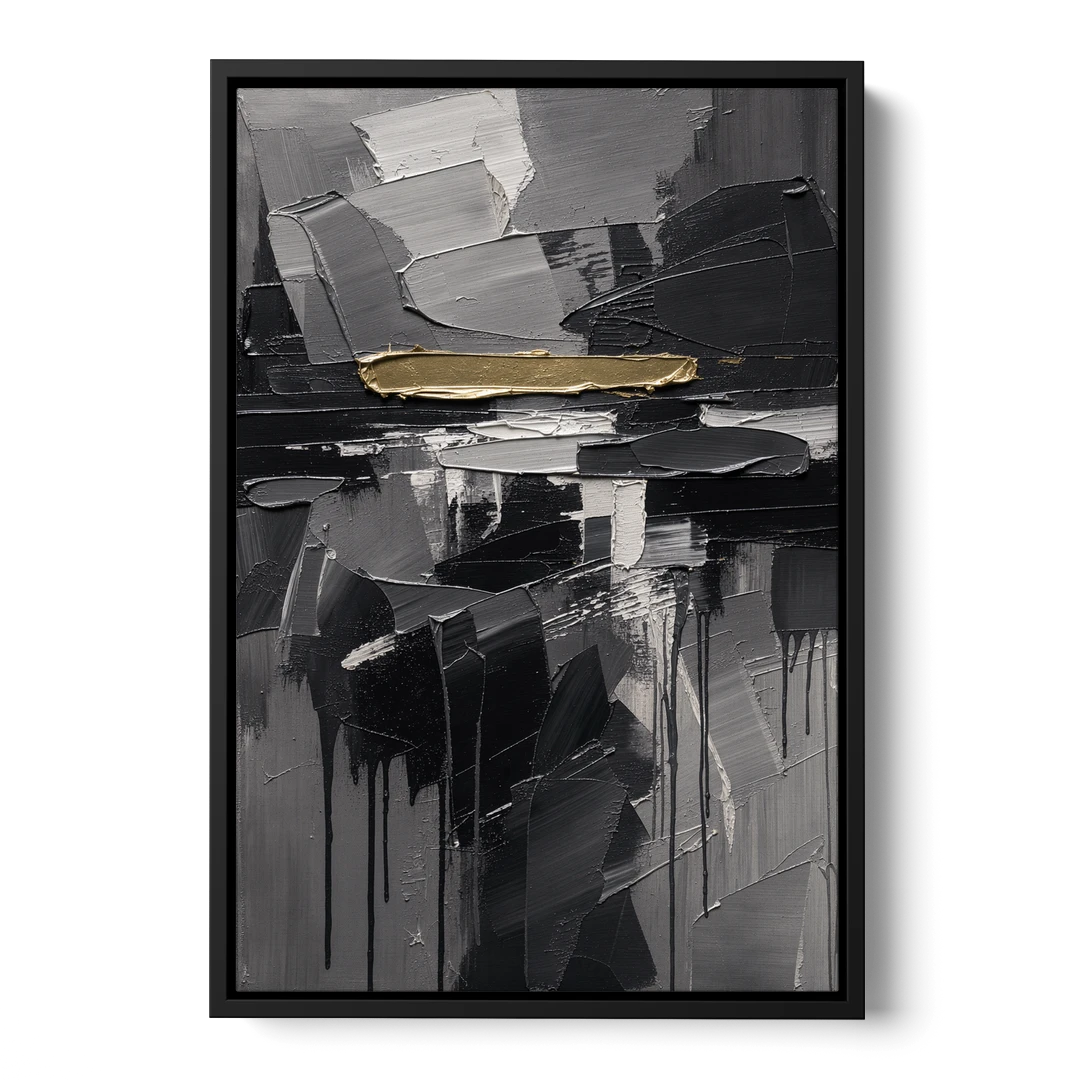 Black and Gold Abstract Knife Field for the Modern Office - Black Framed Canvas Wall Art - Front