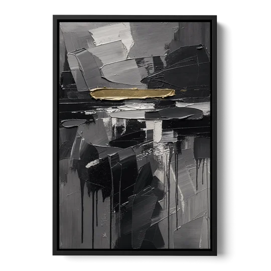 Black and Gold Abstract Knife Field for the Modern Office - Black Framed Canvas Wall Art - Front