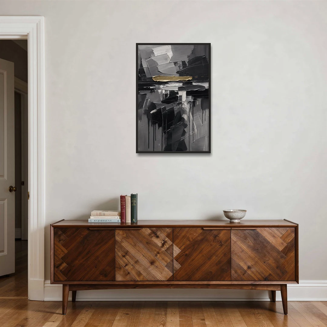 Black and Gold Abstract Knife Field for the Modern Office - Black Framed Canvas Wall Art - Coffee Table - 24x36