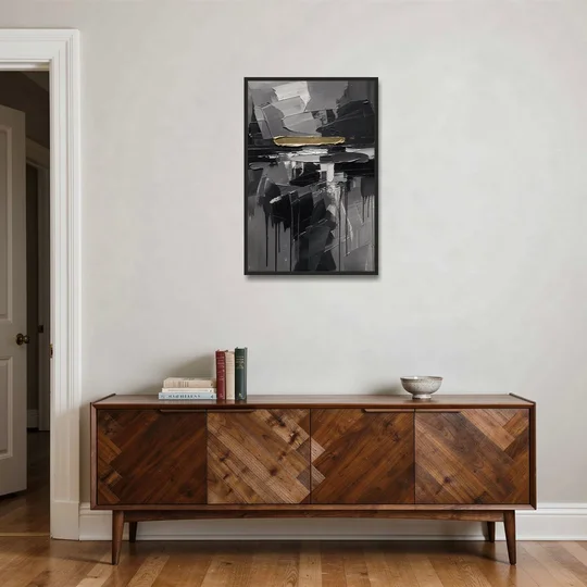 Black and Gold Abstract Knife Field for the Modern Office - Black Framed Canvas Wall Art - Coffee Table - 24x36