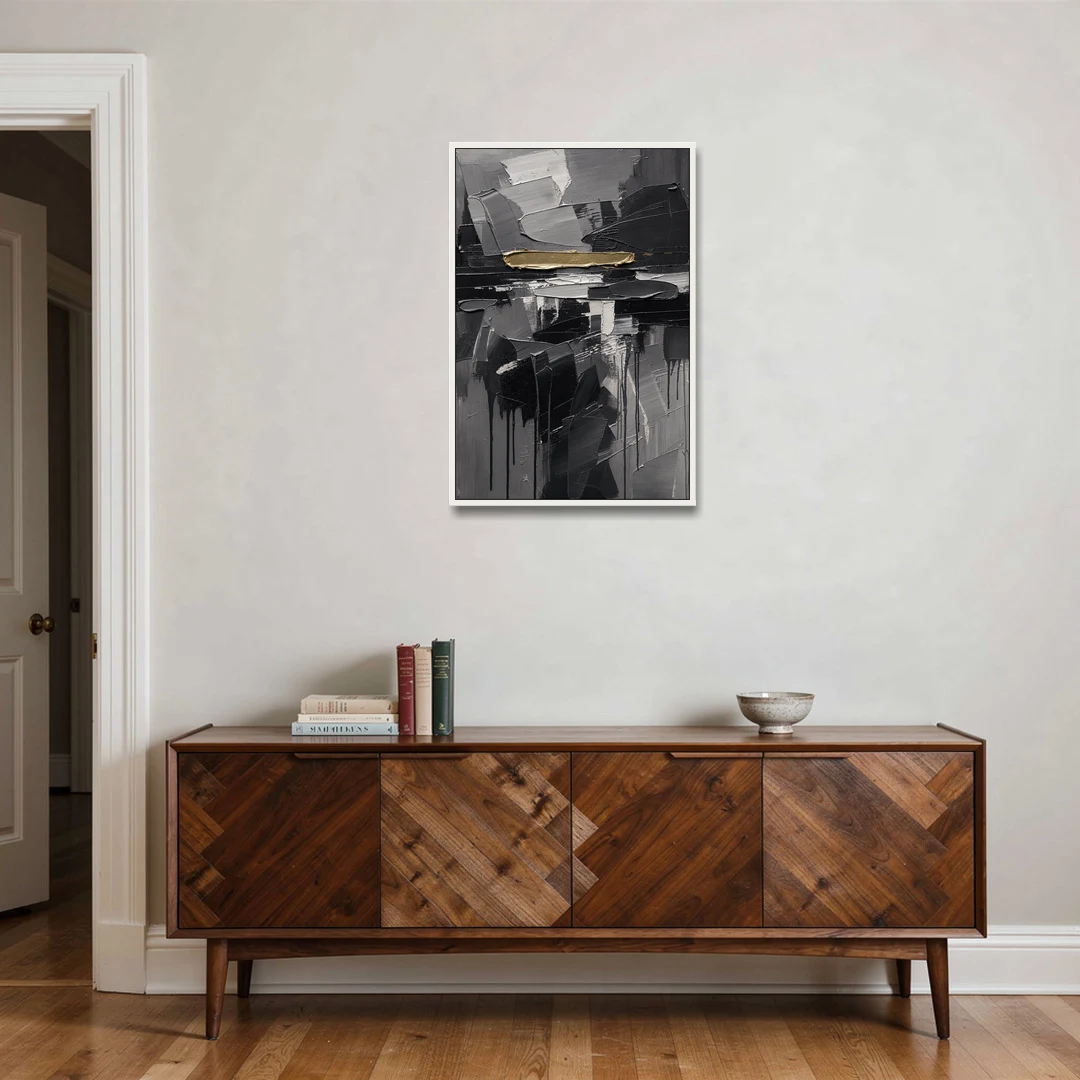 Black and Gold Abstract Knife Field for the Modern Office - White Framed Canvas Wall Art - Coffee Table - 24x36
