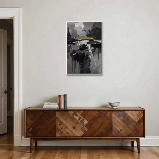 Black and Gold Abstract Knife Field for the Modern Office - White Framed Canvas Wall Art - Coffee Table - 24x36