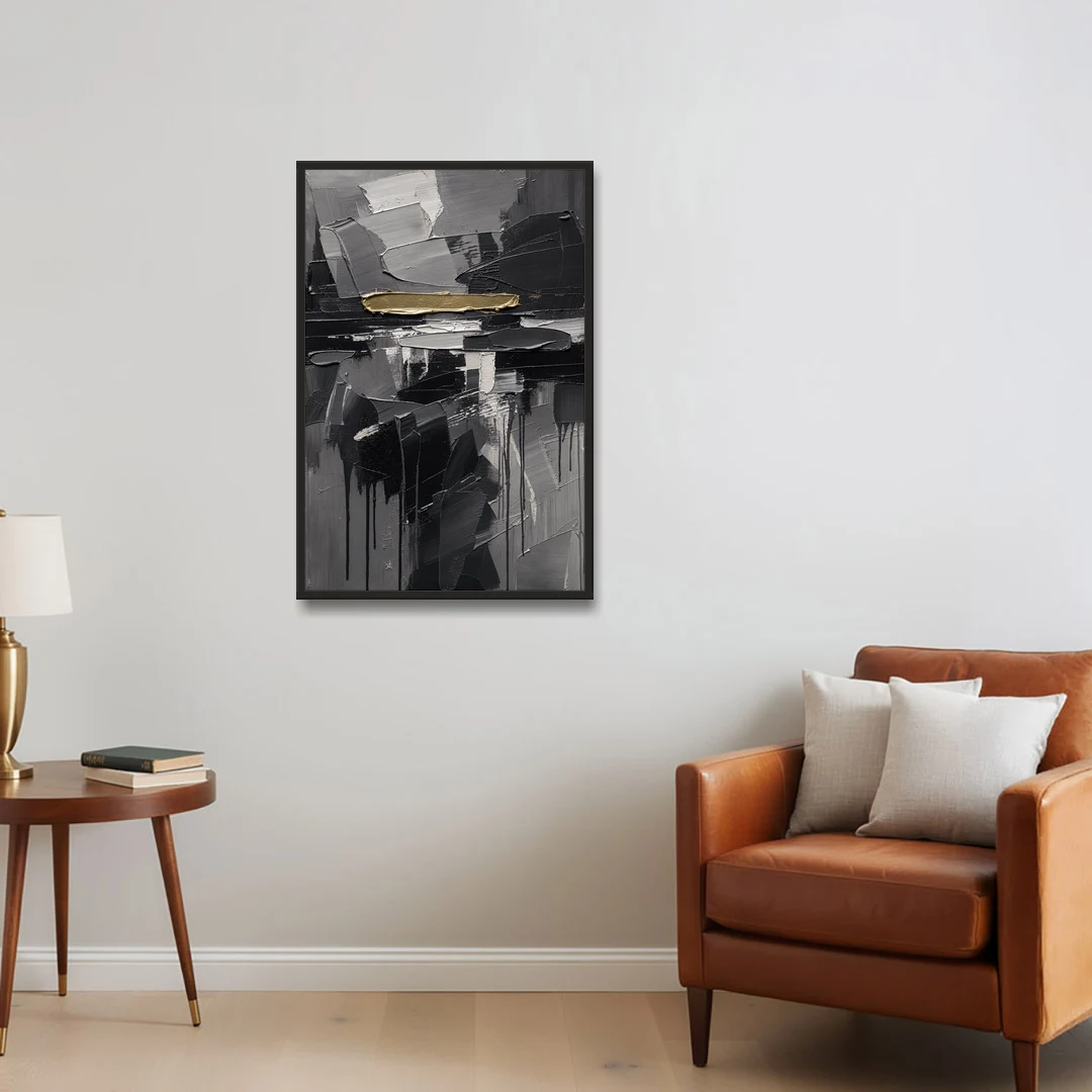 Black and Gold Abstract Knife Field for the Modern Office - Black Framed Canvas Wall Art - Sofa - 24x36