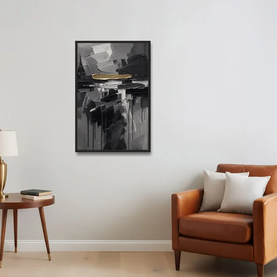 Black and Gold Abstract Knife Field for the Modern Office - Black Framed Canvas Wall Art - Sofa - 24x36