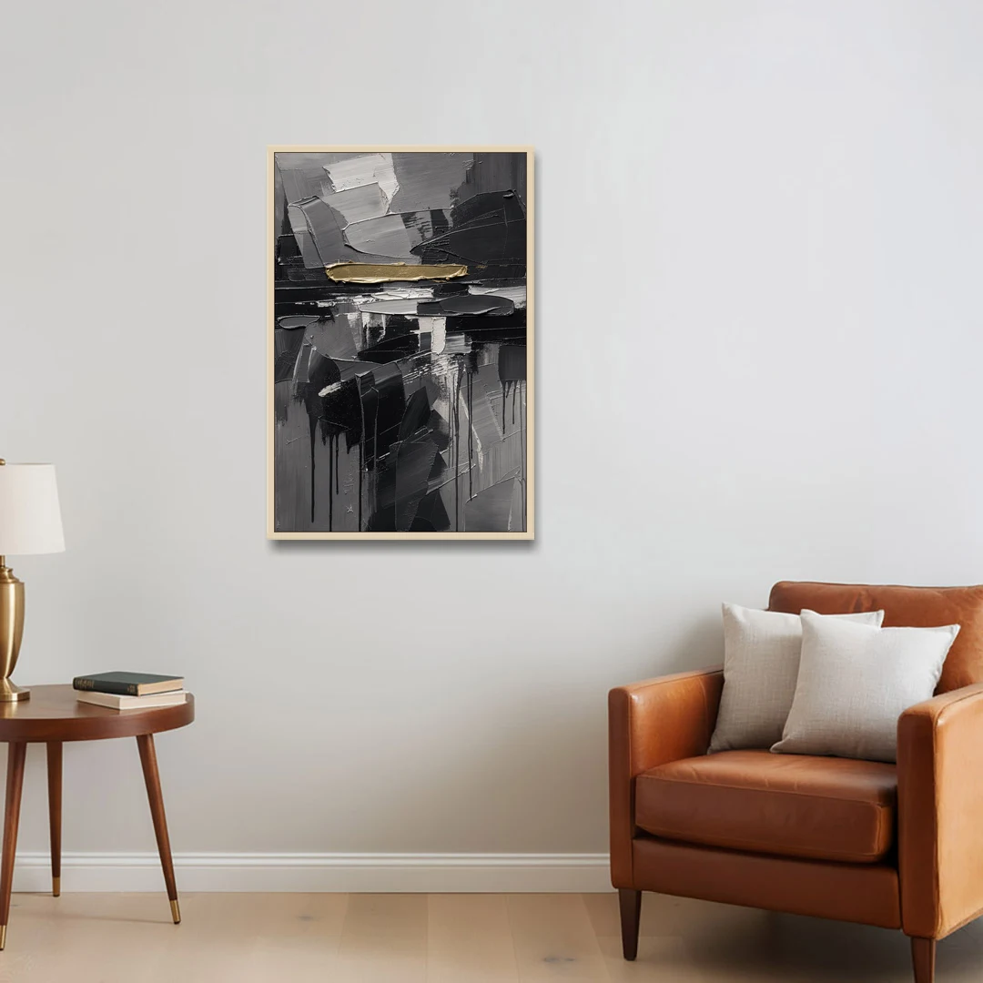 Black and Gold Abstract Knife Field for the Modern Office - Oak Framed Canvas Wall Art - Sofa - 24x36