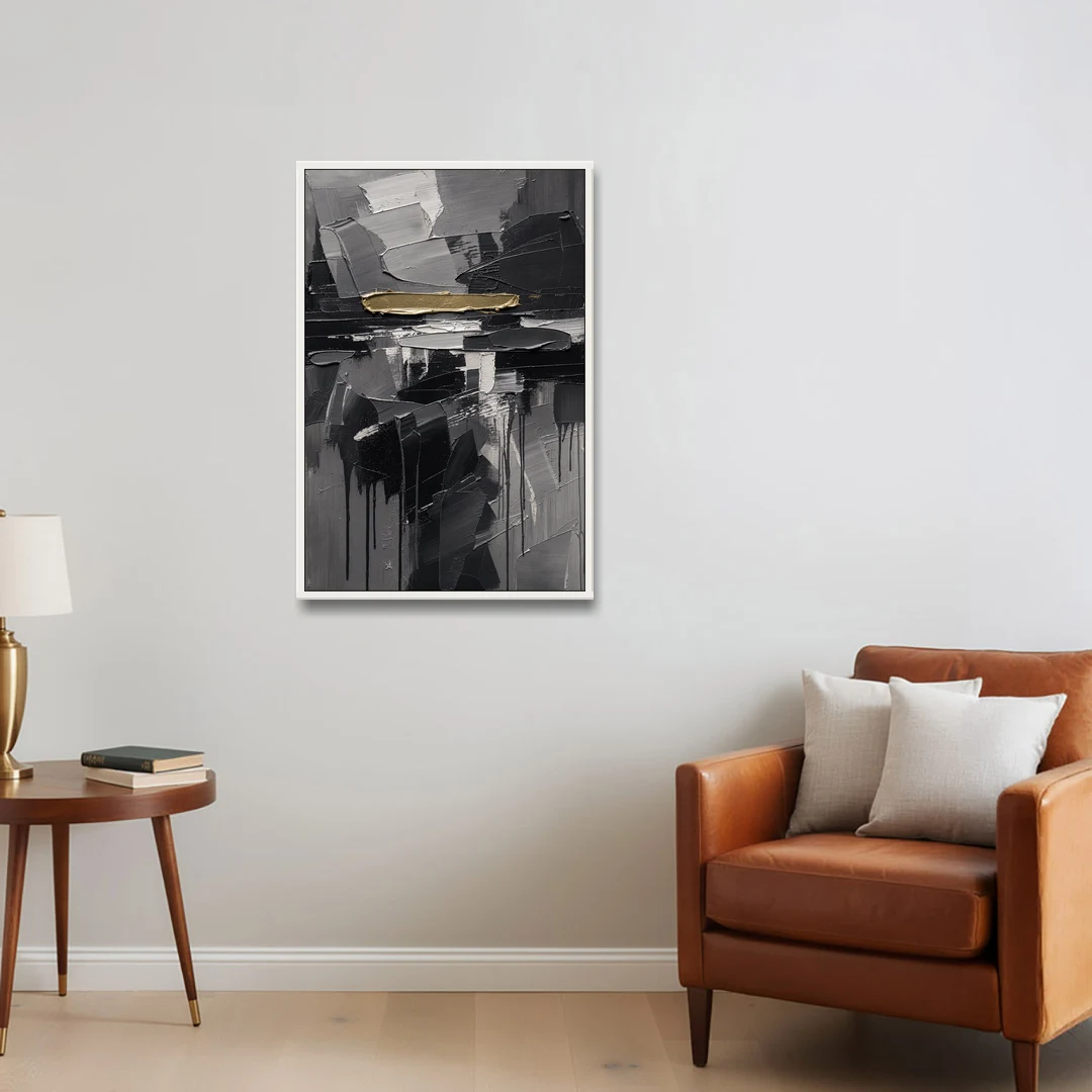 Black and Gold Abstract Knife Field for the Modern Office - White Framed Canvas Wall Art - Sofa - 24x36