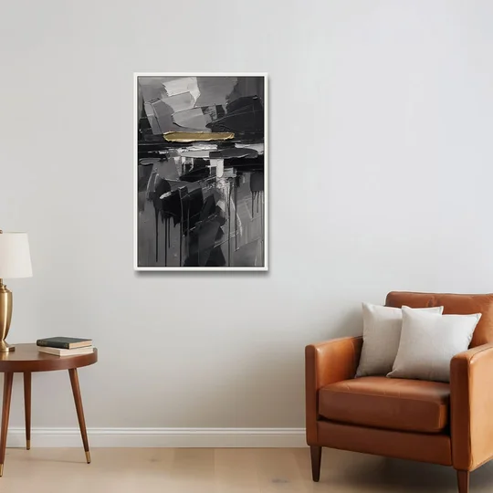 Black and Gold Abstract Knife Field for the Modern Office - White Framed Canvas Wall Art - Sofa - 24x36
