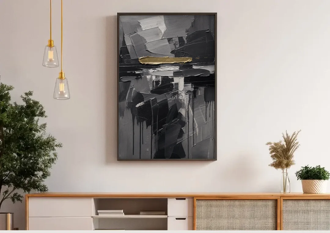 Black and Gold Abstract Knife Field for the Modern Office canvas wall art above a wooden sideboard under pendant lights
