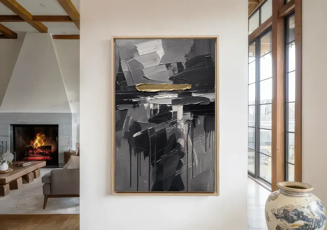 Black and Gold Abstract Knife Field for the Modern Office canvas wall art in a living room with a fireplace