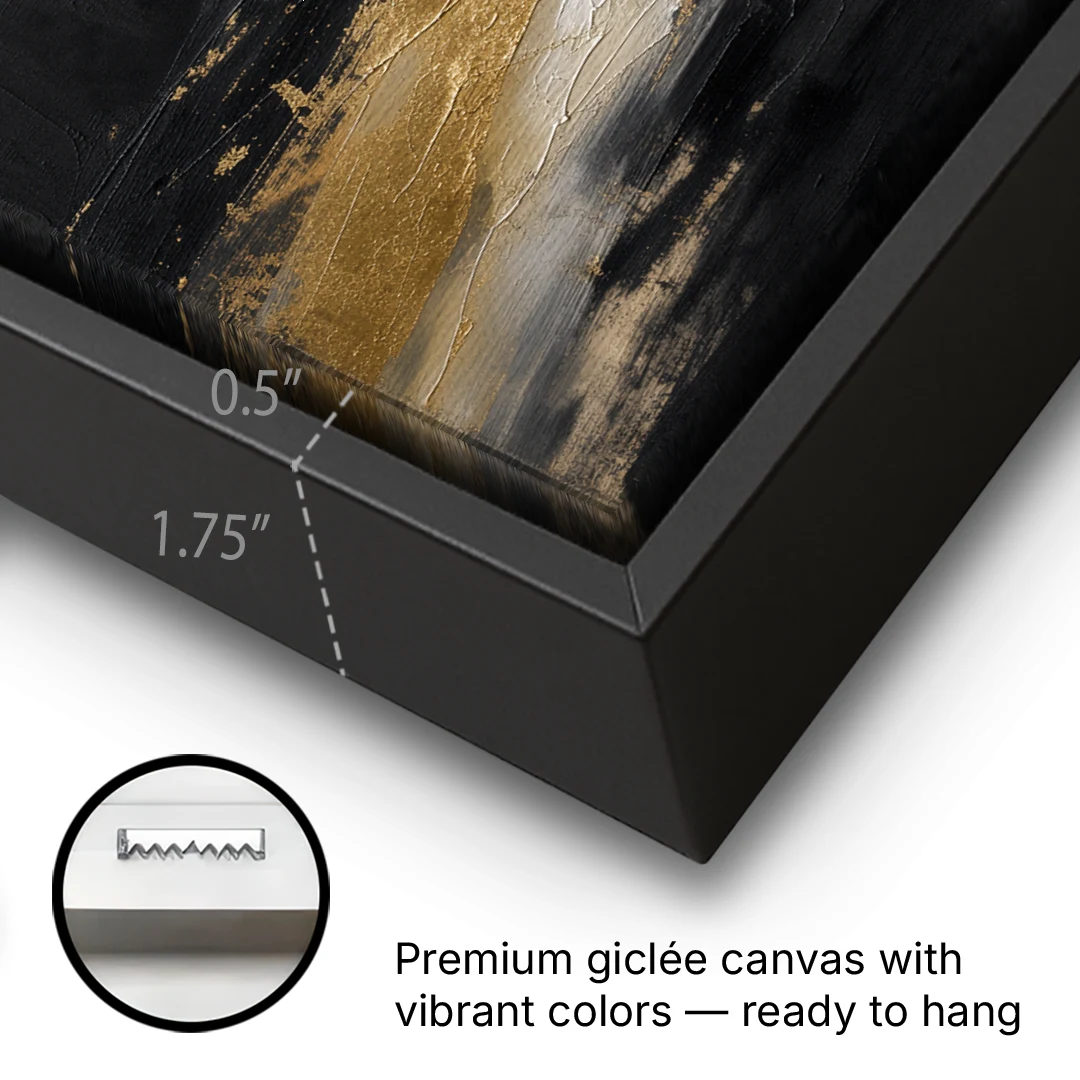 Black and Gold Abstract with Crimson Ember for Dining Rooms - Black Framed Canvas Wall Art - Gallery Wrap Corner