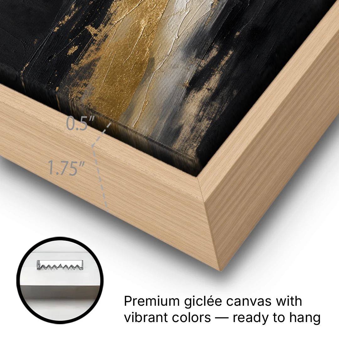 Black and Gold Abstract with Crimson Ember for Dining Rooms - Oak Framed Canvas Wall Art - Gallery Wrap Corner