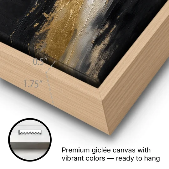 Black and Gold Abstract with Crimson Ember for Dining Rooms - Oak Framed Canvas Wall Art - Gallery Wrap Corner