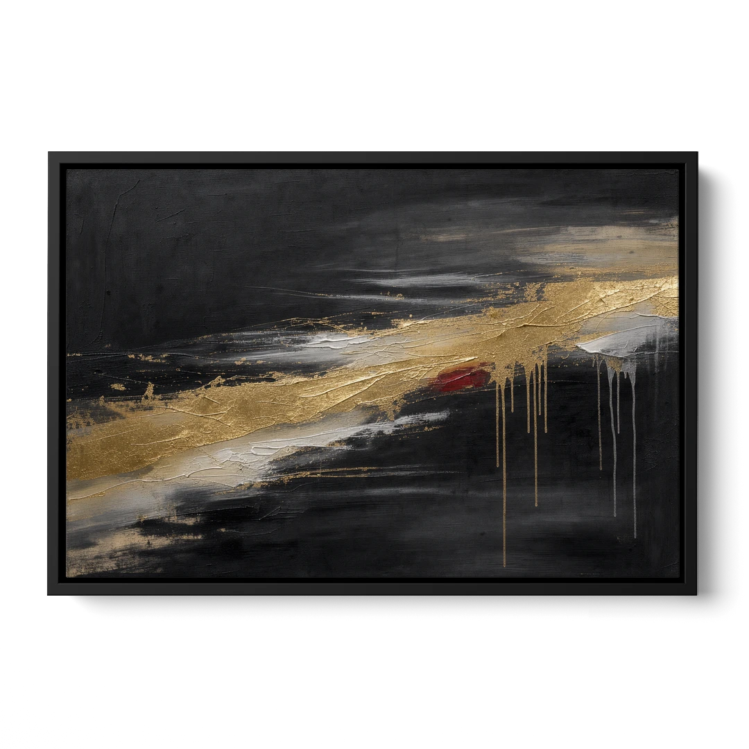 Black and Gold Abstract with Crimson Ember for Dining Rooms - Black Framed Canvas Wall Art - Front
