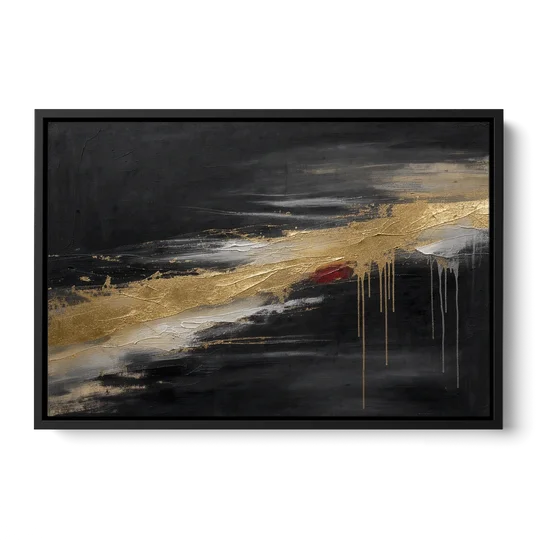 Black and Gold Abstract with Crimson Ember for Dining Rooms - Black Framed Canvas Wall Art - Front