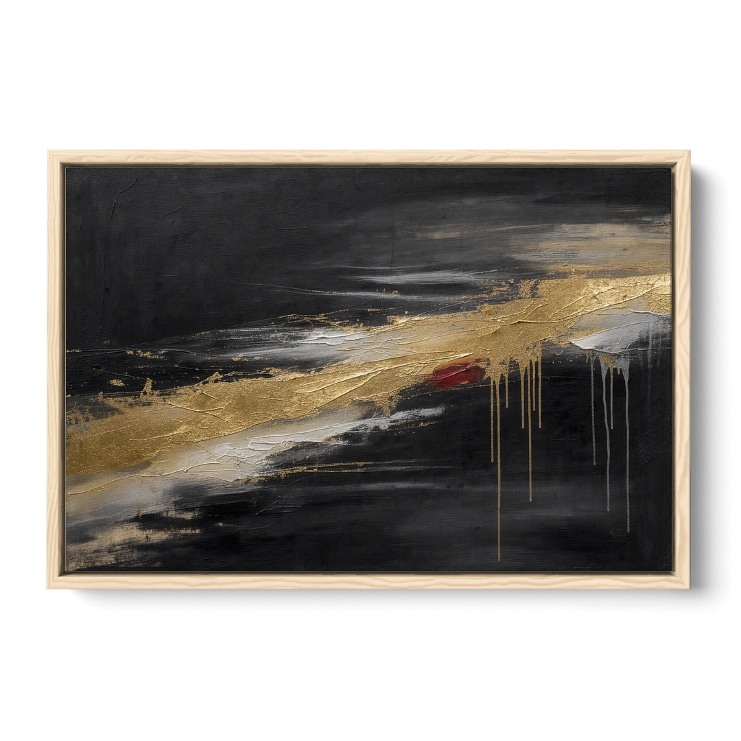 Black and Gold Abstract with Crimson Ember for Dining Rooms - Oak Framed Canvas Wall Art - Front