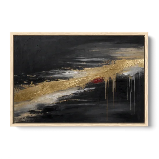 Black and Gold Abstract with Crimson Ember for Dining Rooms - Oak Framed Canvas Wall Art - Front