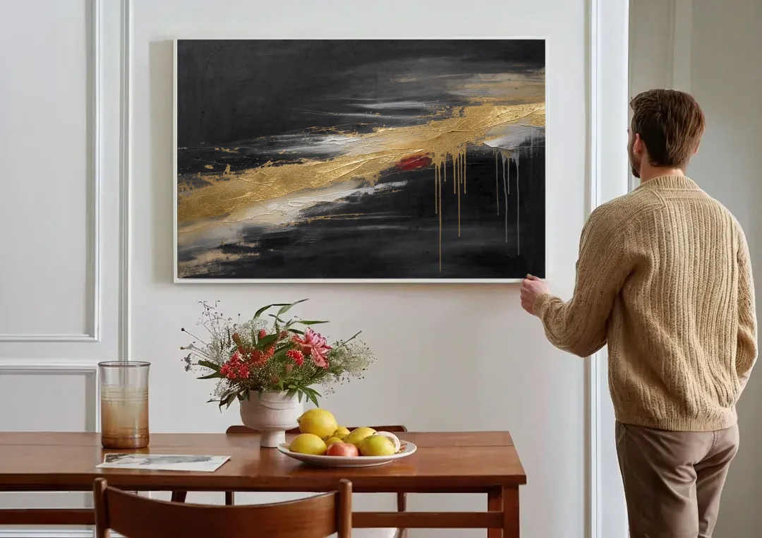 Black and Gold Abstract with Crimson Ember for Dining Rooms canvas wall art above a dining table