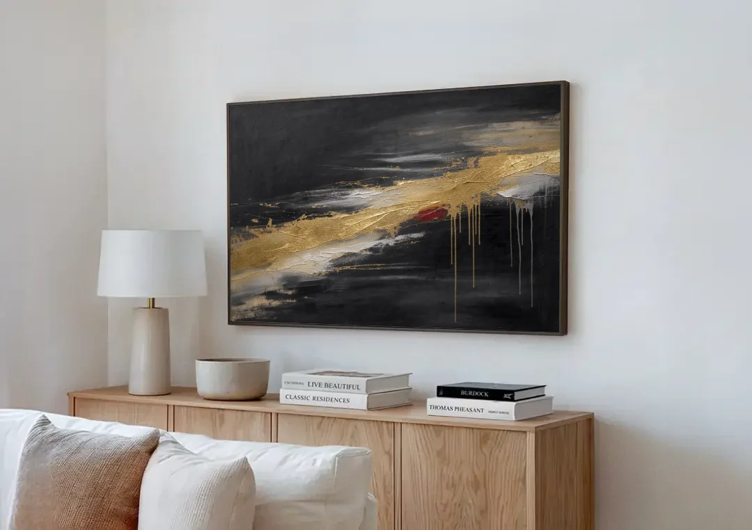 Black and Gold Abstract with Crimson Ember for Dining Rooms canvas wall art above a wooden sideboard next to a sofa