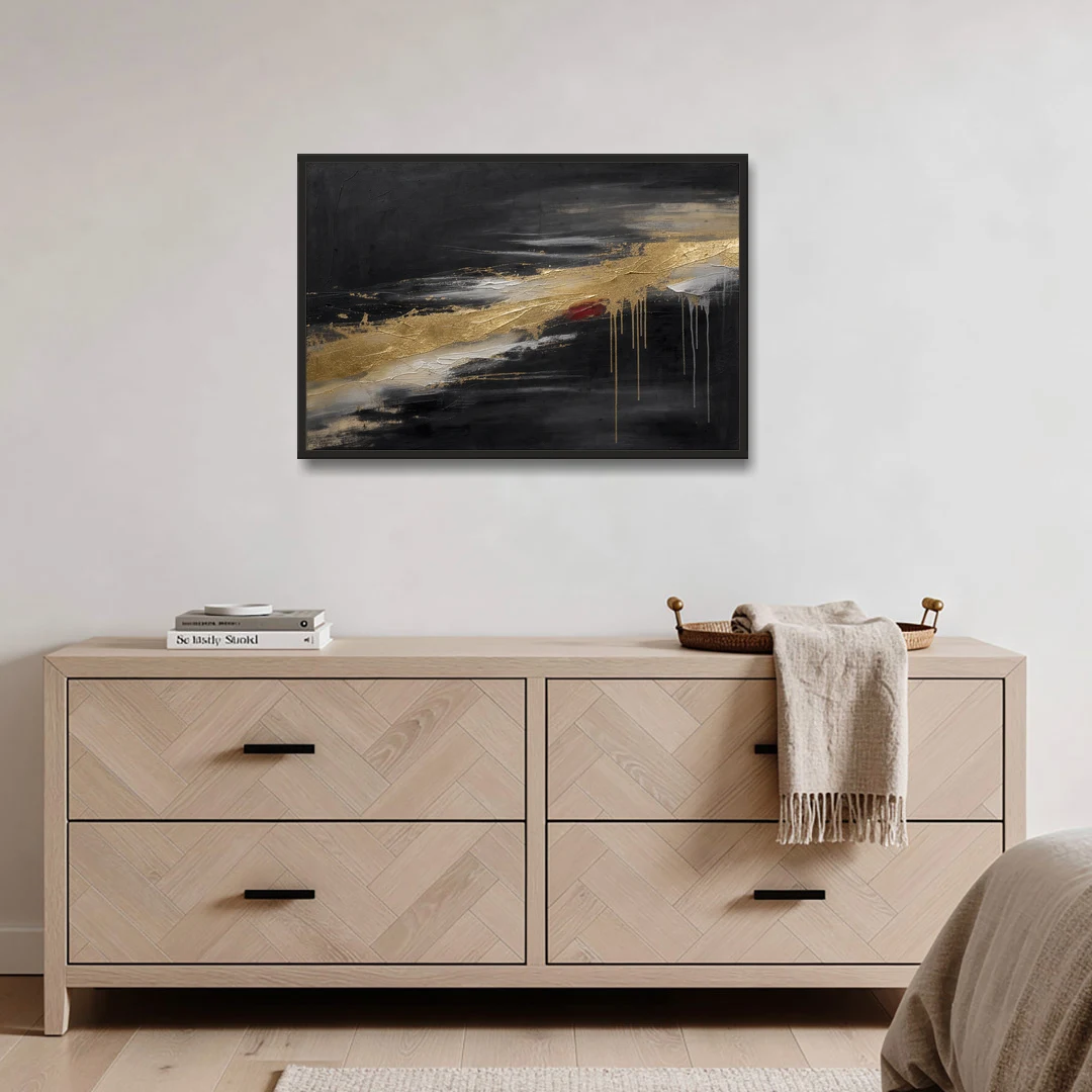 Black and Gold Abstract with Crimson Ember for Dining Rooms - Black Framed Canvas Wall Art - Coffee Table - 36x24