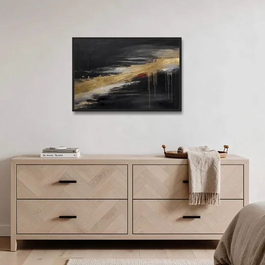 Black and Gold Abstract with Crimson Ember for Dining Rooms - Black Framed Canvas Wall Art - Coffee Table - 36x24