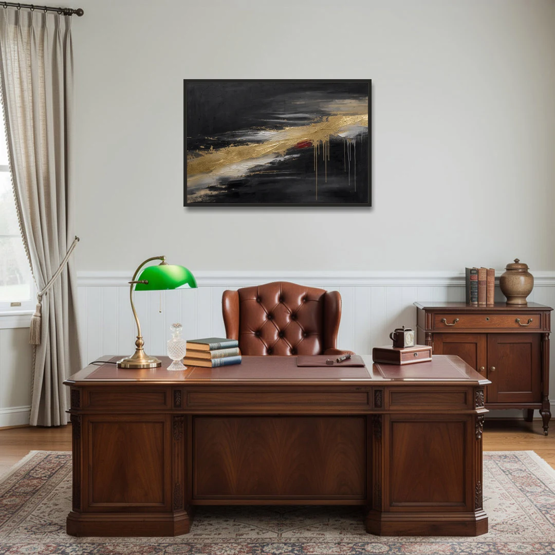 Black and Gold Abstract with Crimson Ember for Dining Rooms - Black Framed Canvas Wall Art - Office - 36x24