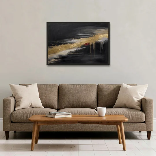 Black and Gold Abstract with Crimson Ember for Dining Rooms - Black Framed Canvas Wall Art - Sofa - 36x24