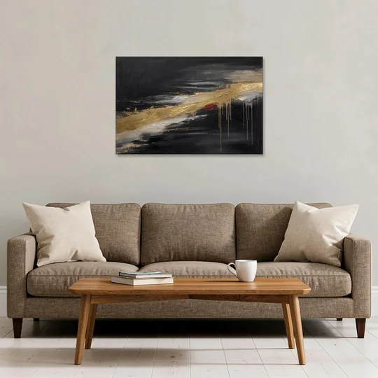Black and Gold Abstract with Crimson Ember for Dining Rooms - Canvas Wall Art - Sofa - 36x24