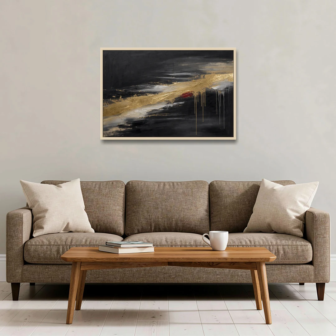 Black and Gold Abstract with Crimson Ember for Dining Rooms - Oak Framed Canvas Wall Art - Sofa - 36x24
