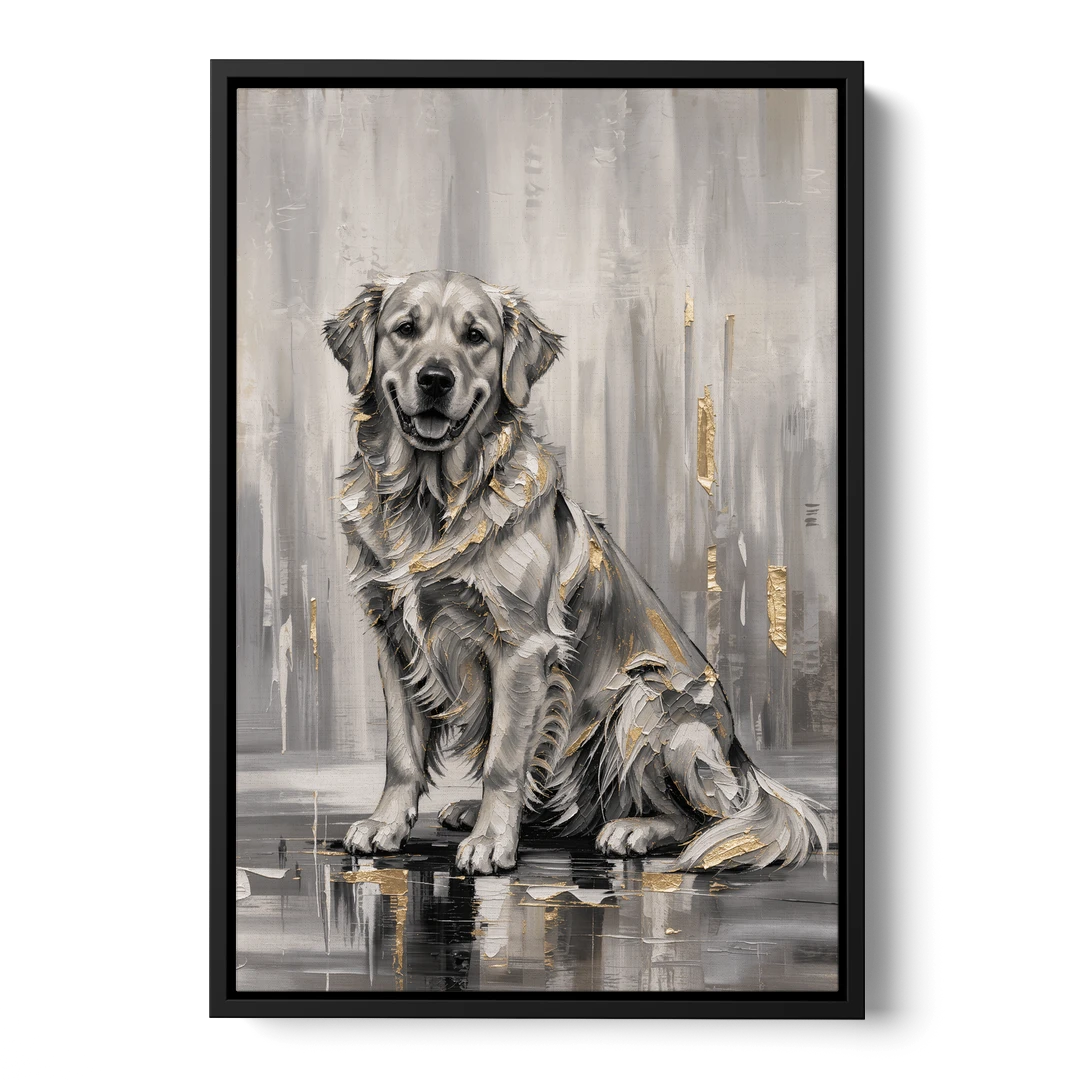 Black and Gold Golden Retriever Painting - Black Framed Canvas Wall Art - Front