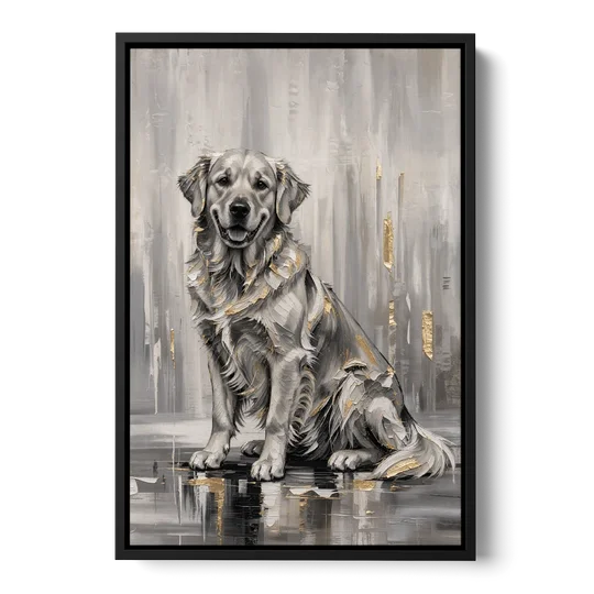 Black and Gold Golden Retriever Painting - Black Framed Canvas Wall Art - Front