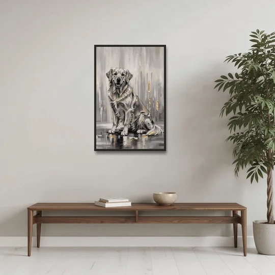Black and Gold Golden Retriever Painting - Black Framed Canvas Wall Art - Coffee Table - 24x36
