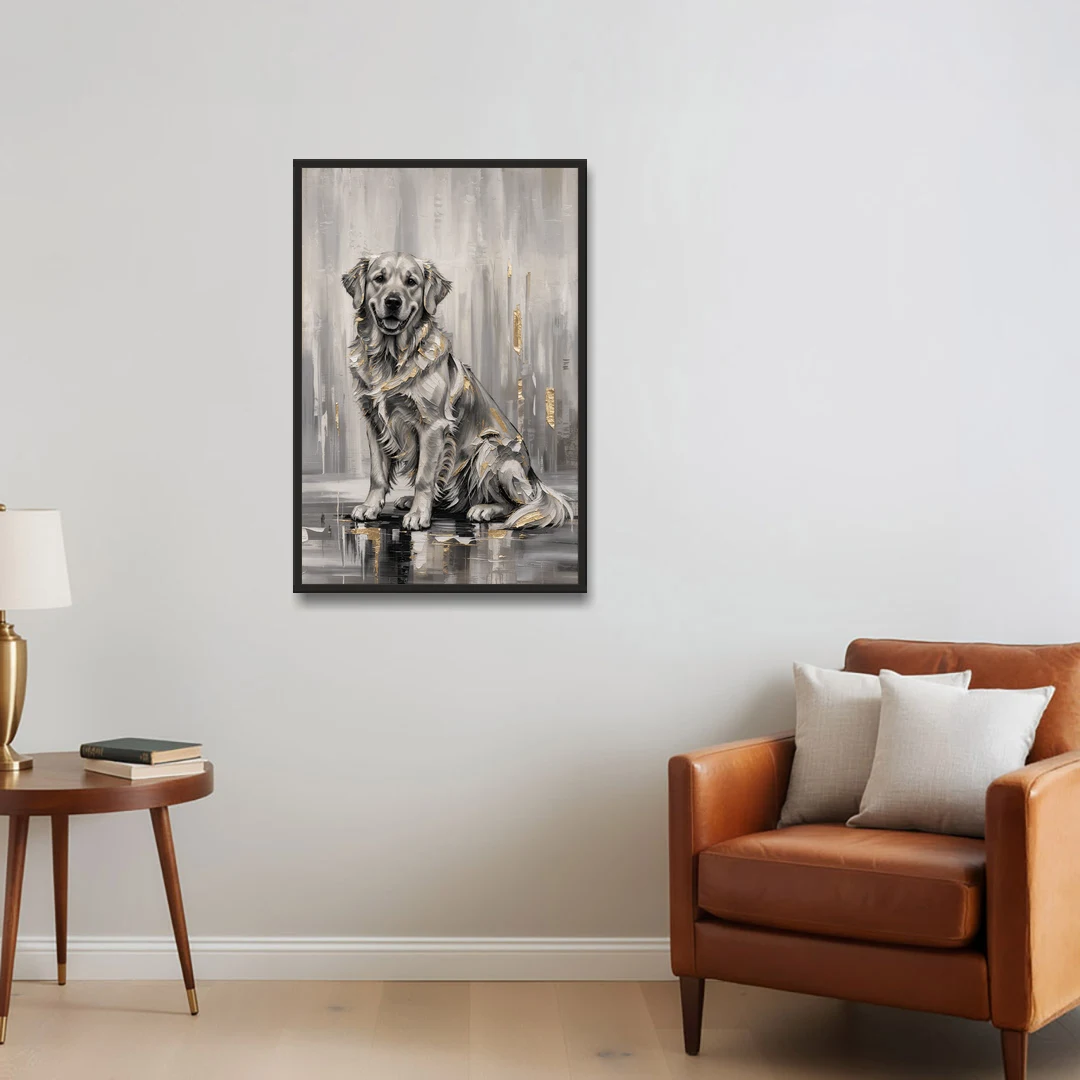Black and Gold Golden Retriever Painting - Black Framed Canvas Wall Art - Sofa - 24x36