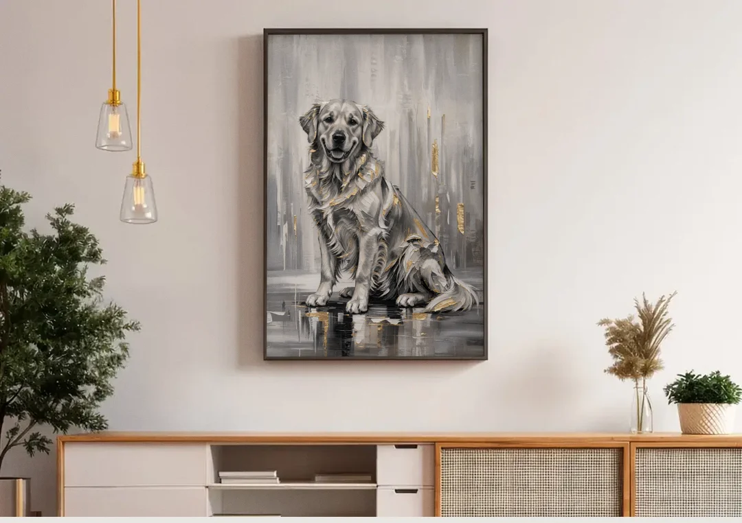 Black and Gold Golden Retriever Painting canvas wall art above a wooden sideboard under pendant lights