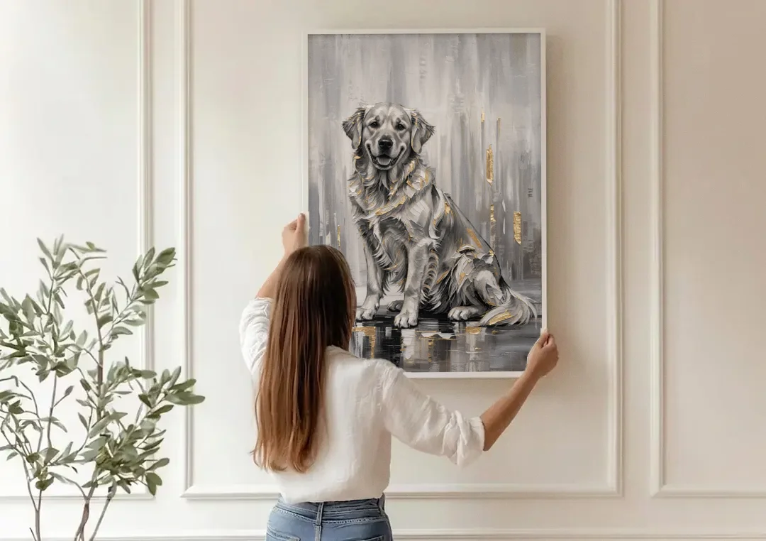 Black and Gold Golden Retriever Painting canvas wall art being hung on a paneled wall