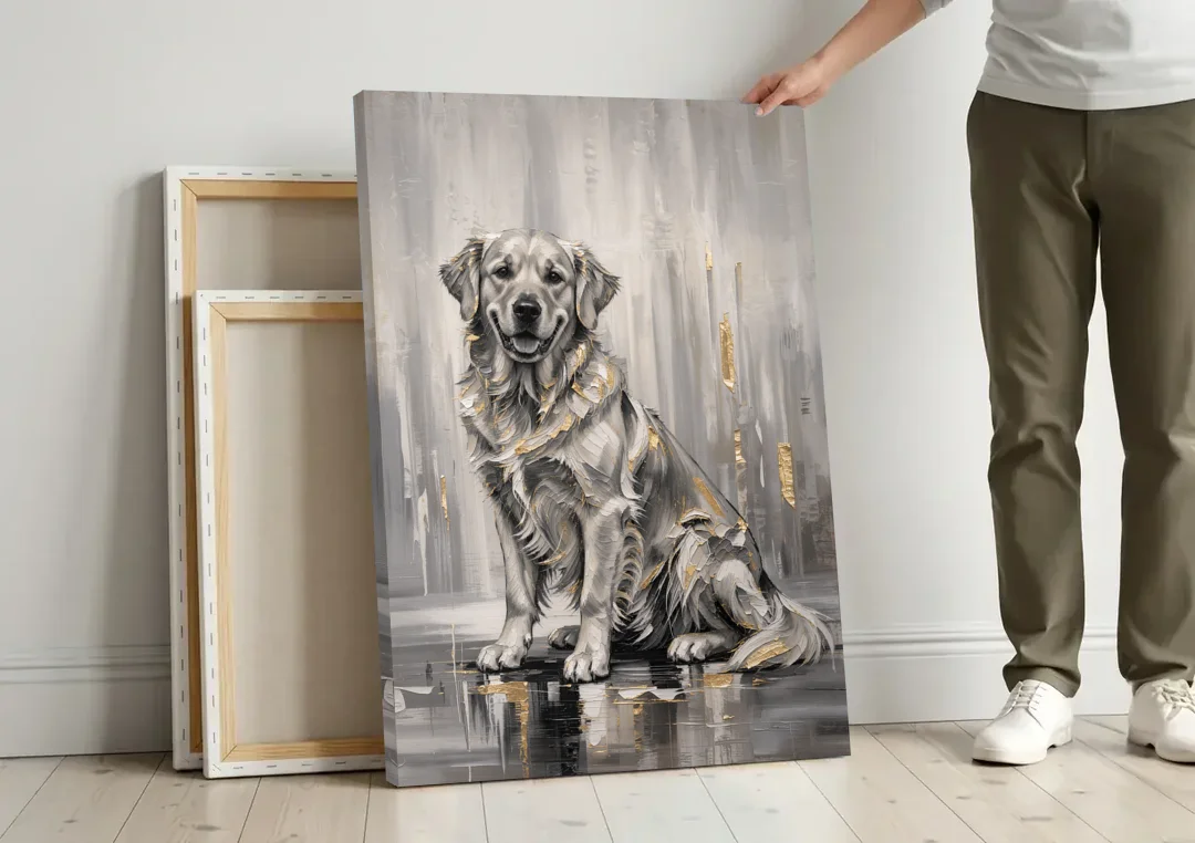 Black and Gold Golden Retriever Painting canvas wall art leaning against a wall next to blank canvases