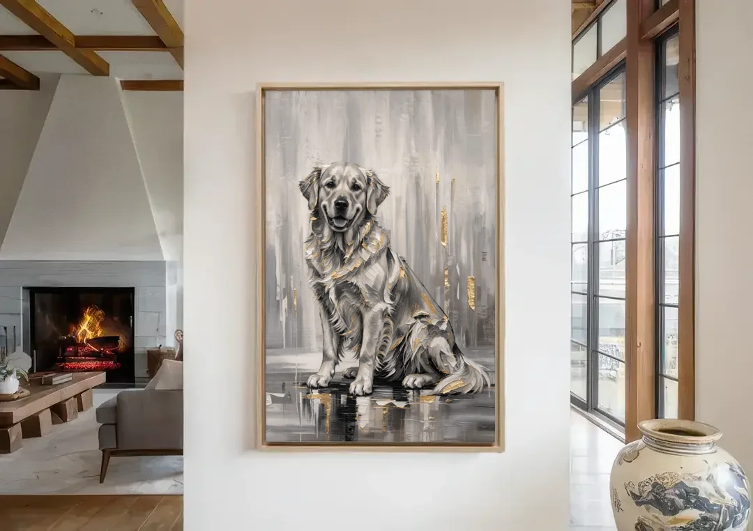 Black and Gold Golden Retriever Painting canvas wall art in a living room with a fireplace