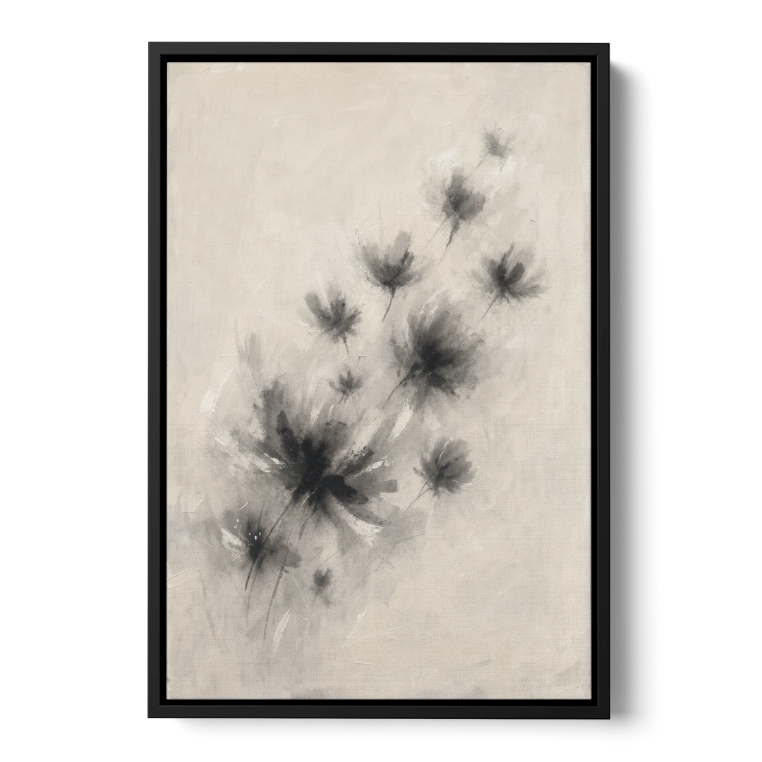 Black and White Abstract Art Prints Charcoal Blooms - Black Framed Canvas Wall Art - Front