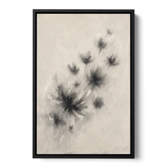 Black and White Abstract Art Prints Charcoal Blooms - Black Framed Canvas Wall Art - Front