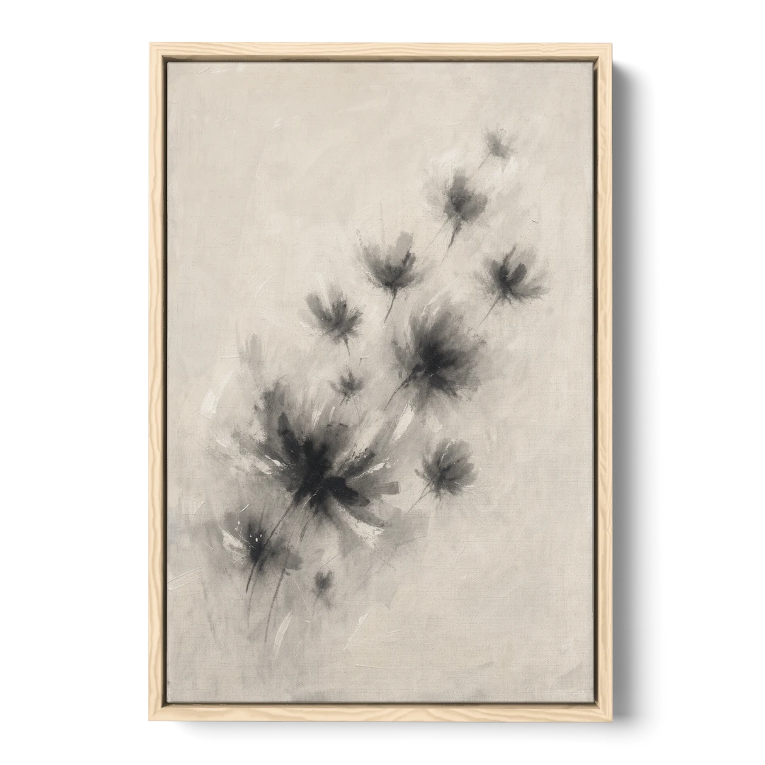 Black and White Abstract Art Prints Charcoal Blooms - Oak Framed Canvas Wall Art - Front