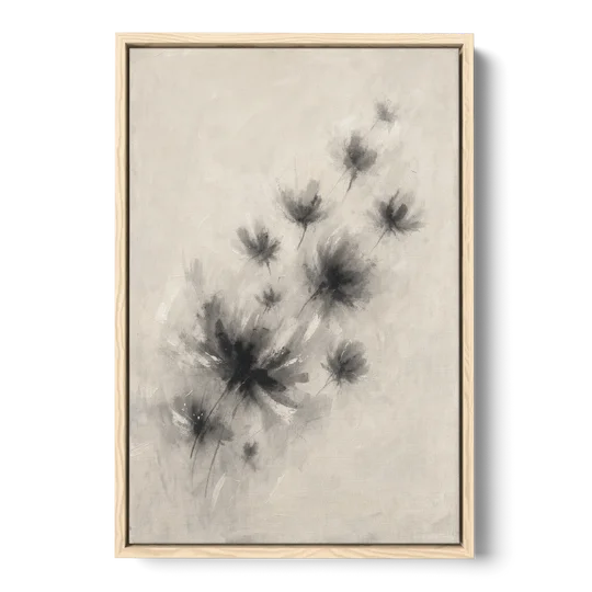 Black and White Abstract Art Prints Charcoal Blooms - Oak Framed Canvas Wall Art - Front