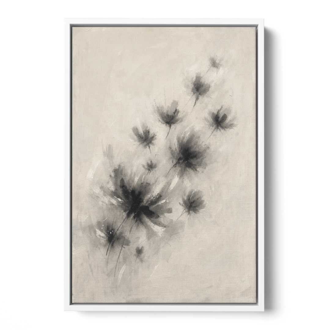 Black and White Abstract Art Prints Charcoal Blooms - White Framed Canvas Wall Art - Front