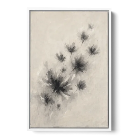 Black and White Abstract Art Prints Charcoal Blooms - White Framed Canvas Wall Art - Front