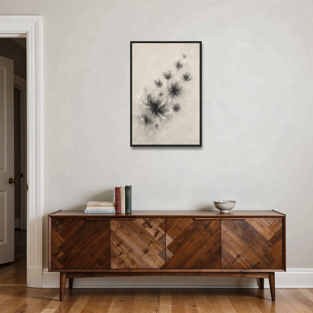 Black and White Abstract Art Prints Charcoal Blooms - Black Framed Canvas Wall Art - Coffee Table - 24x36