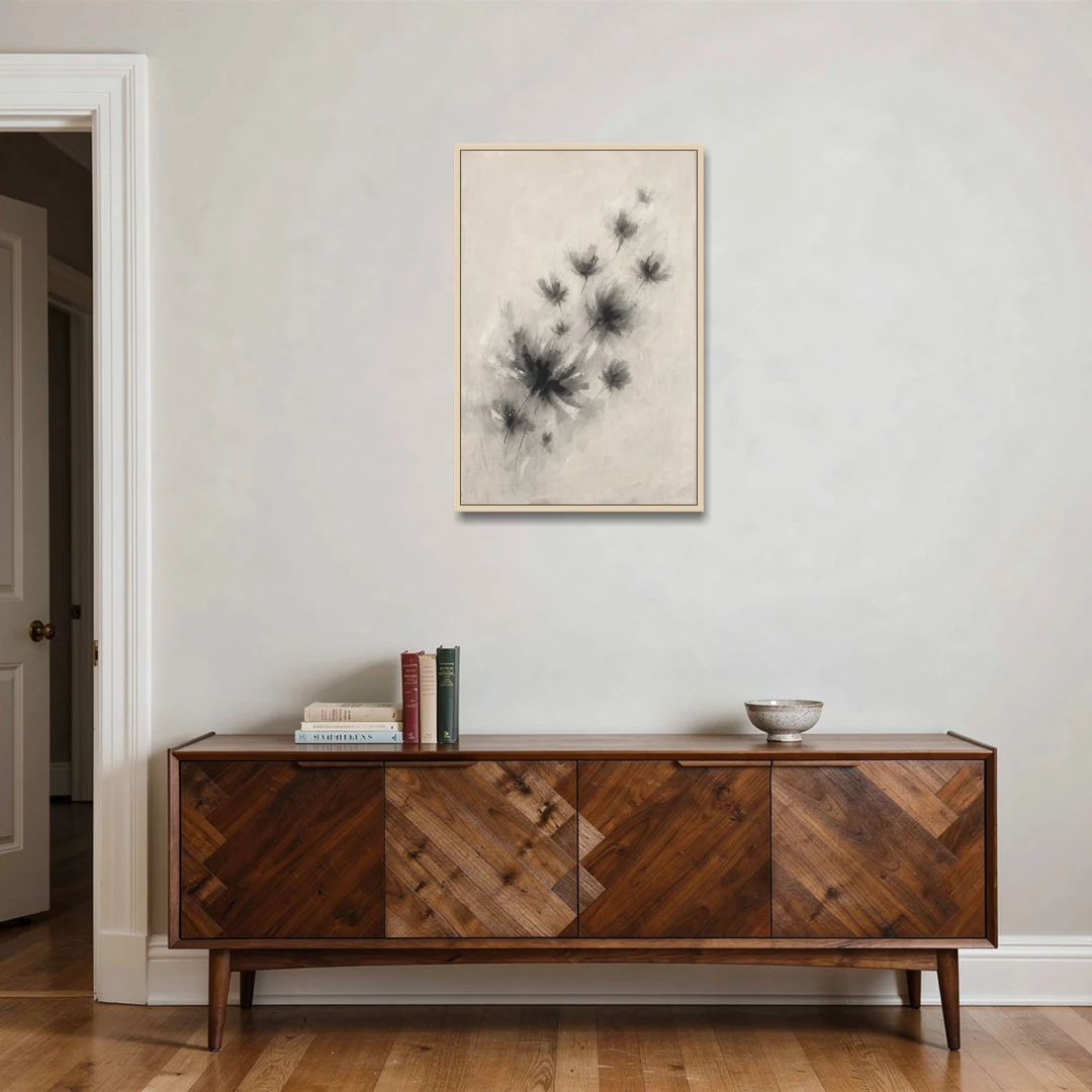 Black and White Abstract Art Prints Charcoal Blooms - Oak Framed Canvas Wall Art - Coffee Table - 24x36