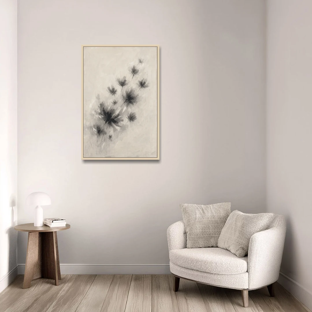 Black and White Abstract Art Prints Charcoal Blooms - Oak Framed Canvas Wall Art - Sofa - 24x36