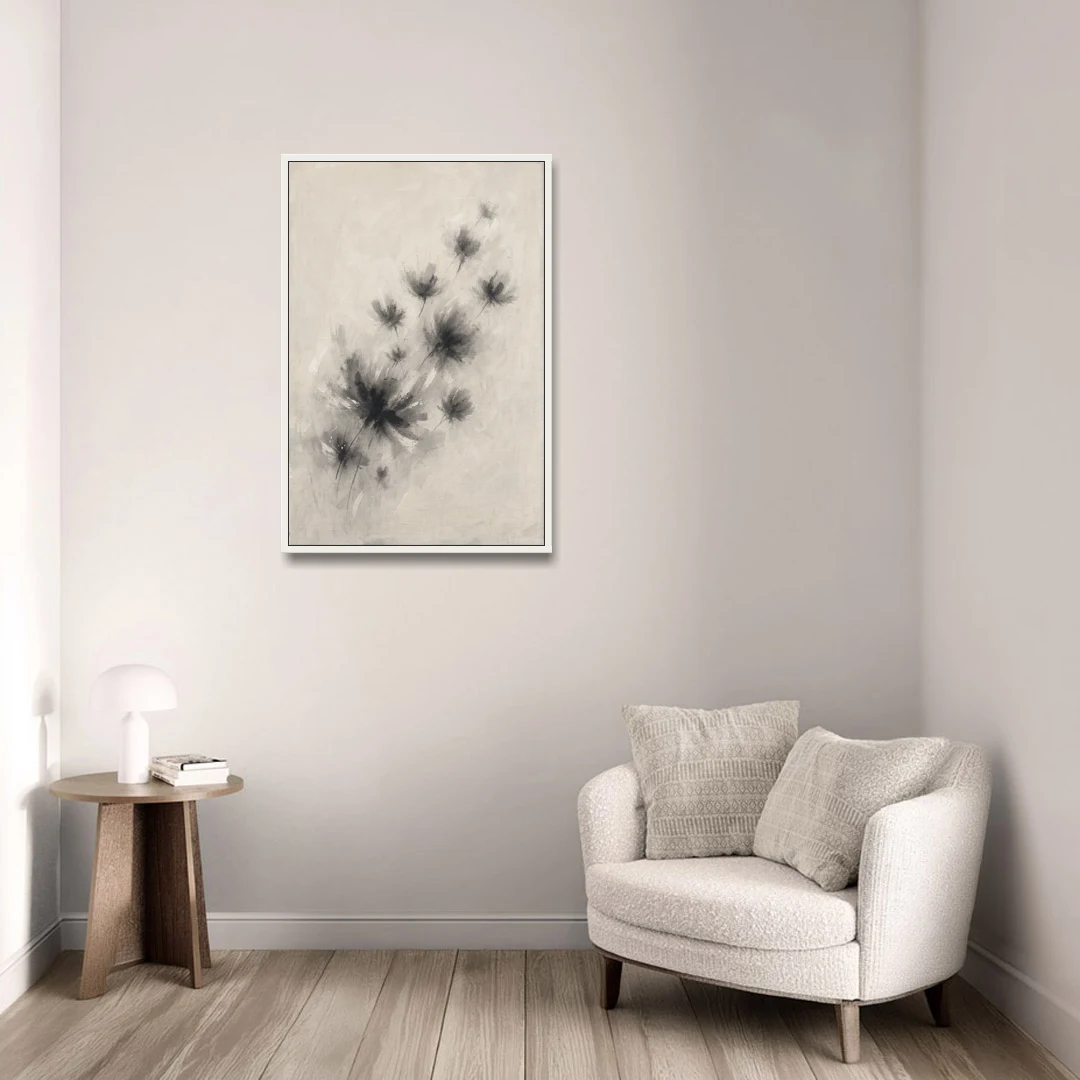 Black and White Abstract Art Prints Charcoal Blooms - White Framed Canvas Wall Art - Sofa - 24x36