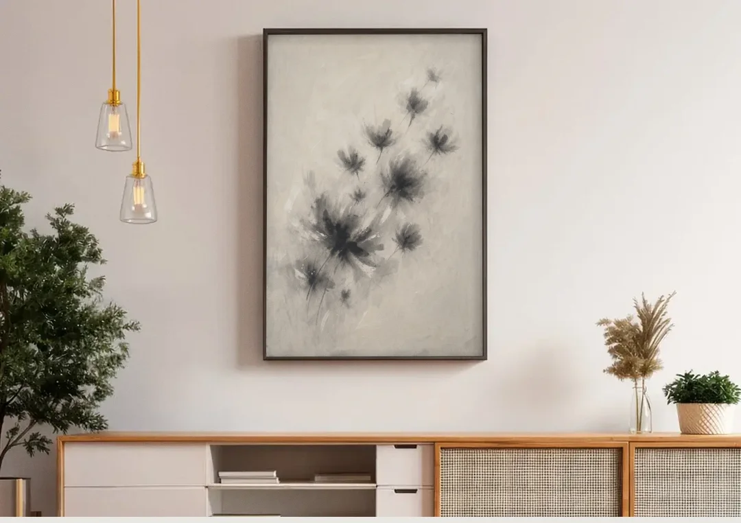 Black and White Abstract Art Prints Charcoal Blooms canvas wall art above a wooden sideboard under pendant lights
