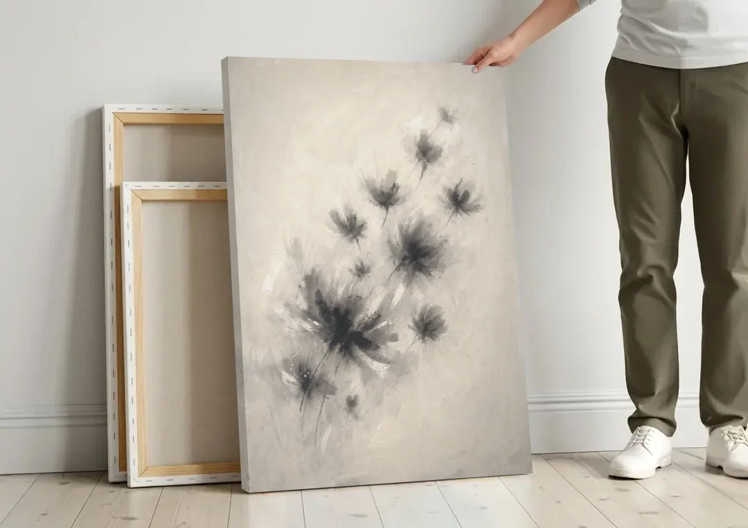 Black and White Abstract Art Prints Charcoal Blooms canvas wall art leaning against a wall next to blank canvases