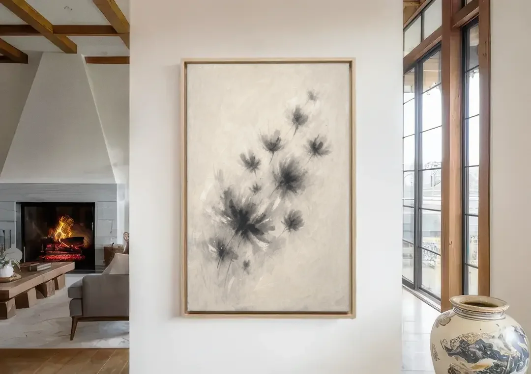 Black and White Abstract Art Prints Charcoal Blooms canvas wall art in a living room with a fireplace